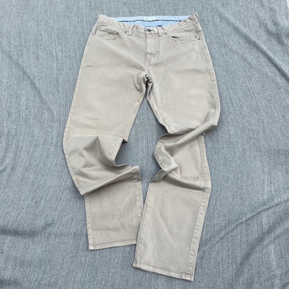 Peter Millar Mens 32 Khaki Tan Five Pocket Straight Leg Pants Crown Logo Rivets